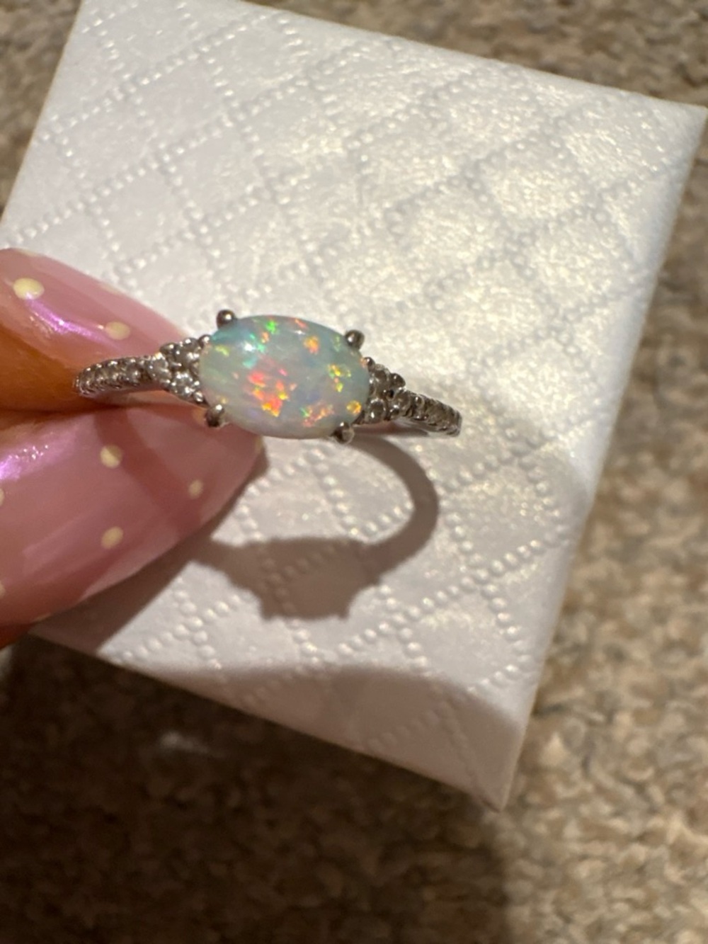 Sterling Opal and Cubic Zirconia Ring Set in White Gold Tone
